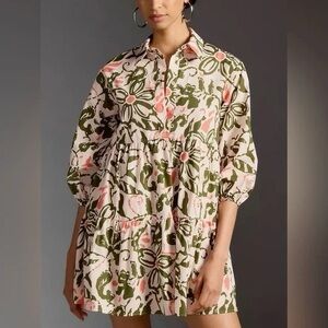 Anthropologie Maeve The Bettina Tiered Mini Shirt Dress Pockets Size XXS